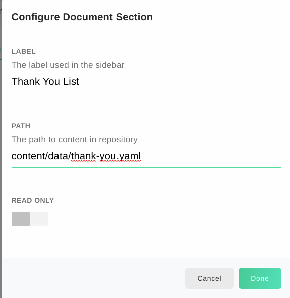 Configure a document section in Forestry